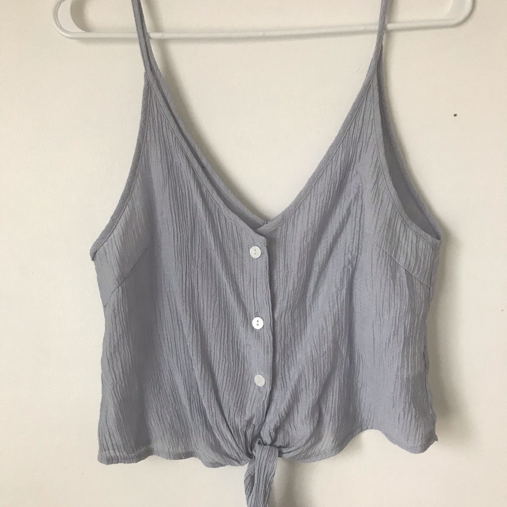 Light blue tie crop button tank
